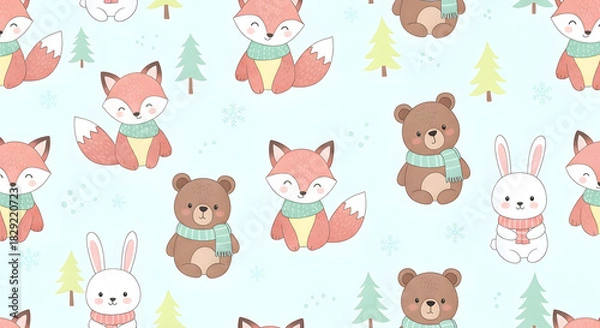 Obraz Cute Winter Animals Seamless Pattern with Foxes, Bears, and Rabbits on a Light Blue Background