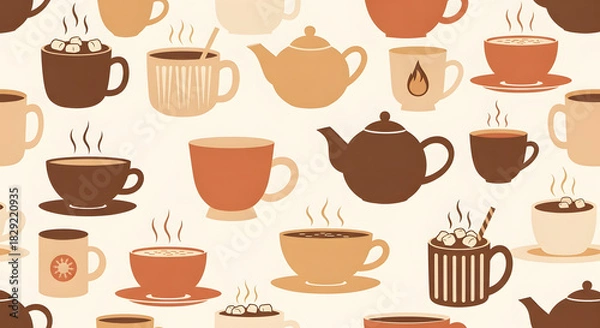 Obraz Seamless Pattern of Steaming Hot Beverages An Illustrated Background Featuring Cozy Coffee Mugs, Teacups, and Teapots in Warm Earth Tones
