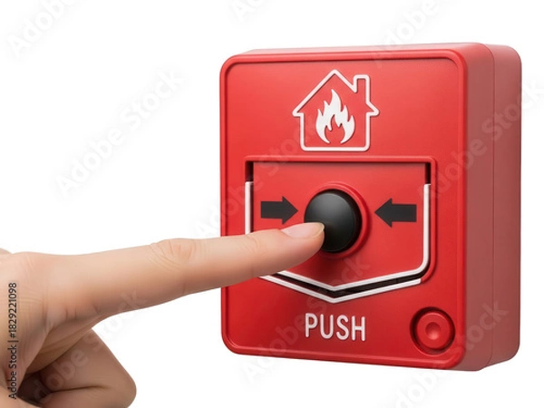 Fototapeta Hand pressing red fire alarm button for safety alert. isolated on transparent background