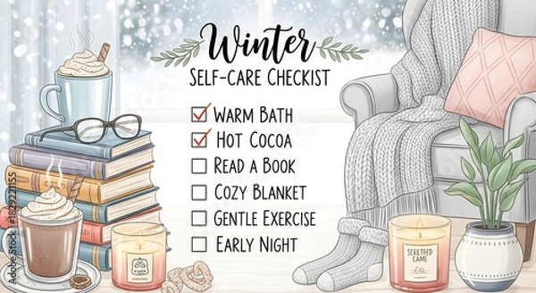 Obraz Embrace the tranquil coziness of winter with this self-care checklist featuring comforting essentials for a relaxing and rejuvenating seasonal routine