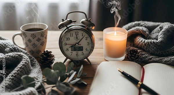 Obraz Warm and inviting morning scene with steaming coffee, a retro alarm clock, and a glowing candle beside an open journal, evoking a sense of calm and focused reflection on a rustic wooden table