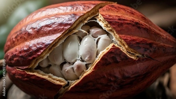 Obraz Ripe Cocoa Pod Reveals Seeds A Detailed CloseUp.