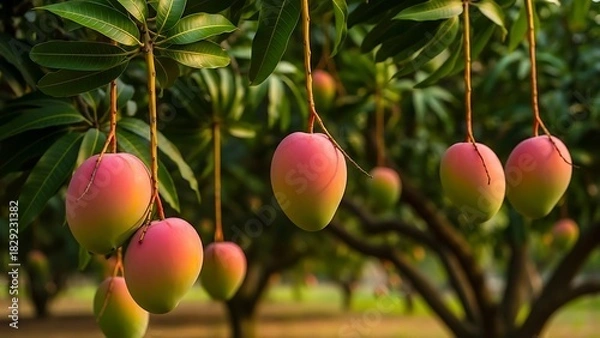 Obraz Ripe Mangoes Hanging from a Tree Branch in a Tropical Orchard.