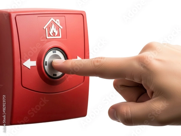 Fototapeta Finger pressing red fire alarm button with house and flame icon isolated on transparent background