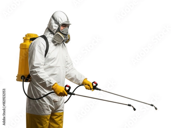 Fototapeta Pest control worker spraying insecticide with protective gear isolated on transparent background