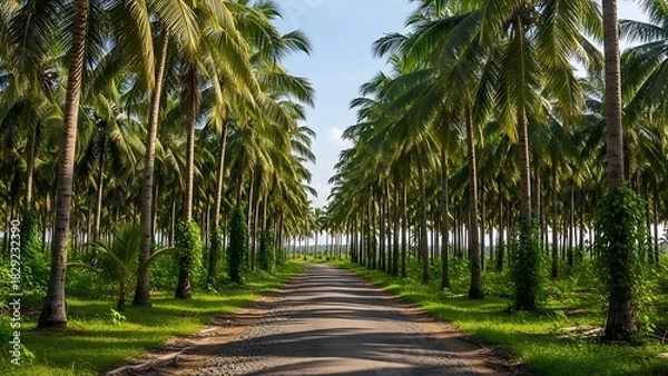 Obraz Scenic Pathway Through a Lush Coconut Palm Grove.