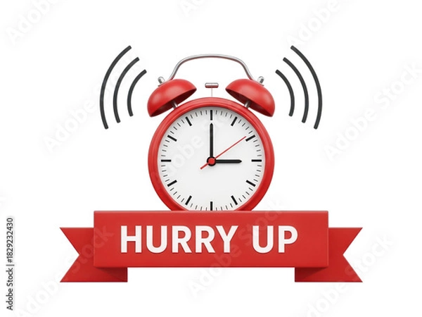 Fototapeta Red alarm clock with 'hurry up' banner and sound waves isolated on transparent background