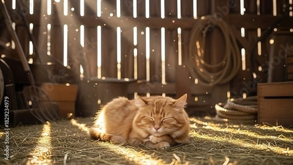 Obraz Two ginger cats basking in sunlight inside a barn.