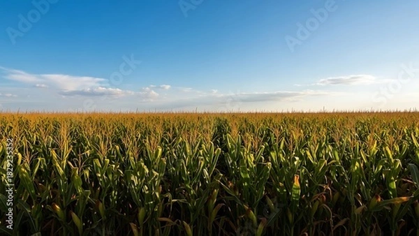 Obraz Vast Cornfield Under a Bright Blue Sky with Wispy Clouds.