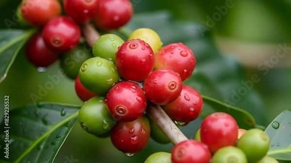Obraz Vibrant Red and Green Coffee Cherries Ripening on a Branch.