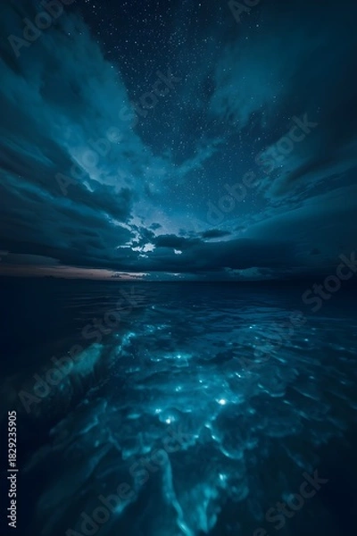 Obraz This dramatic AI-generated image captures an ethereal night scene where the ocean glows with an intense bioluminescent light.