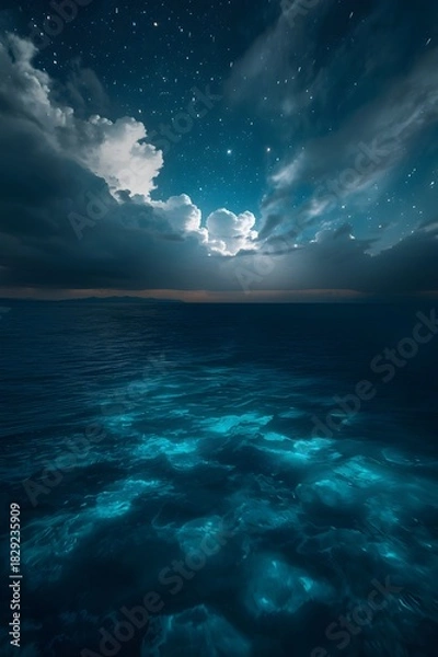 Obraz This dramatic AI-generated image captures an ethereal night scene where the ocean glows with an intense bioluminescent light.