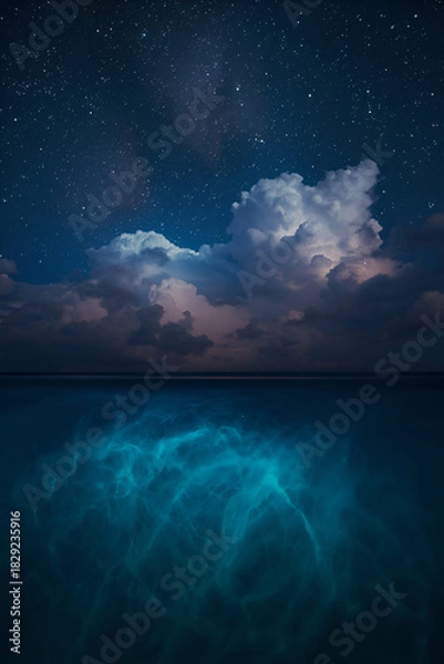 Obraz This dramatic AI-generated image captures an ethereal night scene where the ocean glows with an intense bioluminescent light.