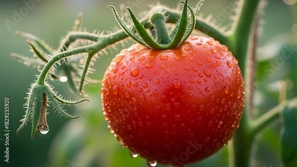 Obraz Vibrant Red Tomato with Dew Drops on Vine in Garden.