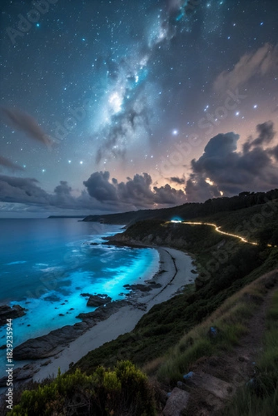 Obraz This dramatic AI-generated image captures an ethereal night scene where the ocean glows with an intense bioluminescent light.