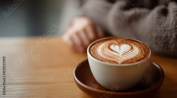 Obraz cup of cappuccino with heart-shaped latte art sits on wooden table in cozy coffee shop as woman places her hands gently on the surface, capturing the warmth, calm