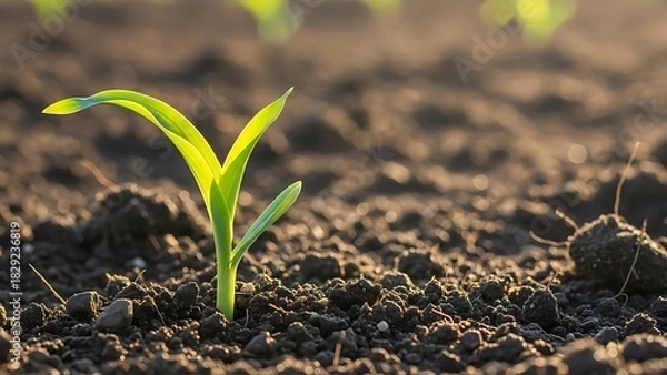 Obraz Young corn plant sprouting from the rich fertile soil in sunlight.
