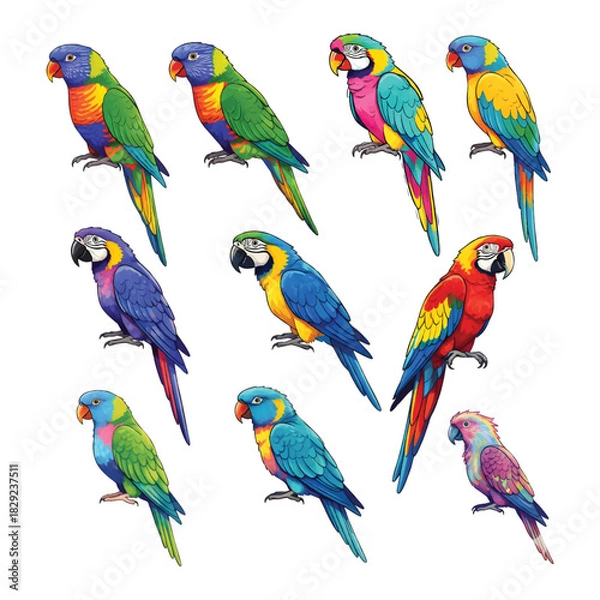 Obraz Set of 10 Colorful Exotic Parrots and Macaws - Detailed Tropical Bird Vector Illustration