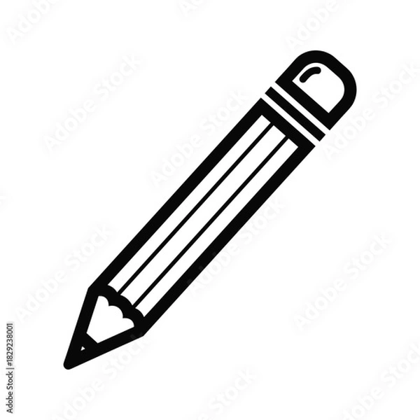 Obraz Black and white simple icon of a wooden pencil with an eraser, isolated on