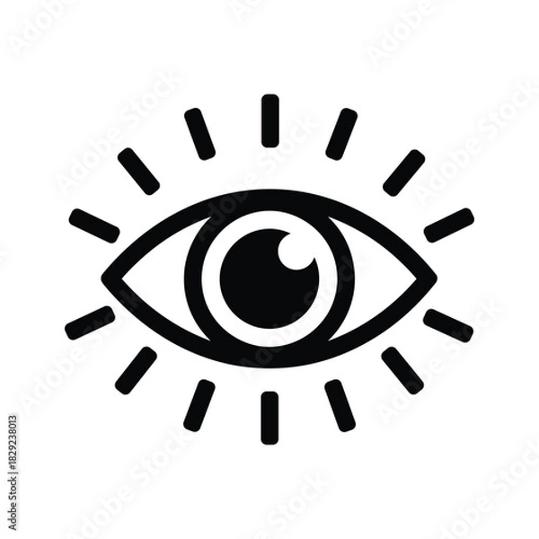 Obraz Simple black and white icon of a human eye with radiating light lines isolated on