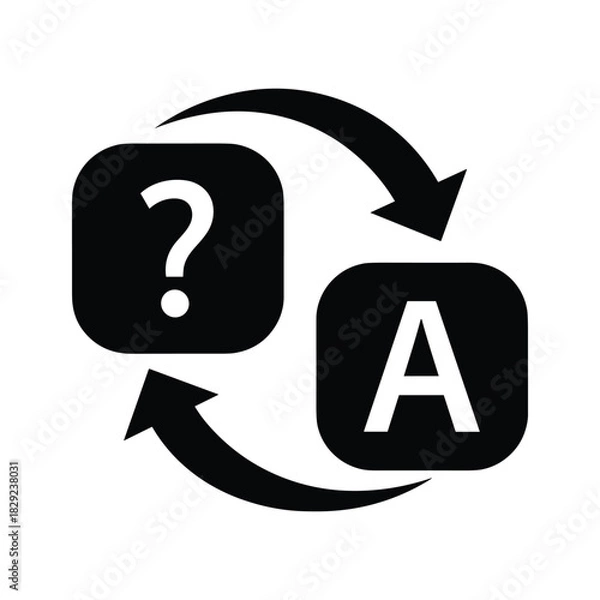 Obraz Black and white icon representing translation or language exchange with question mark and letter a
