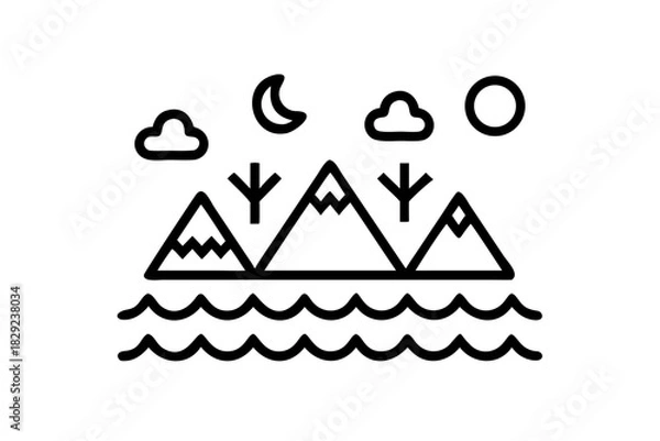 Fototapeta Whimsical mountain range landscape with sun, moon, and stars, perfect for children's book illustrations or nature-themed designs, a simple modern design