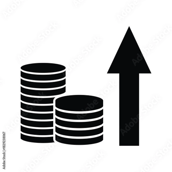 Obraz Black and white icon representing increasing stack of coin for financial growth and success isolated on