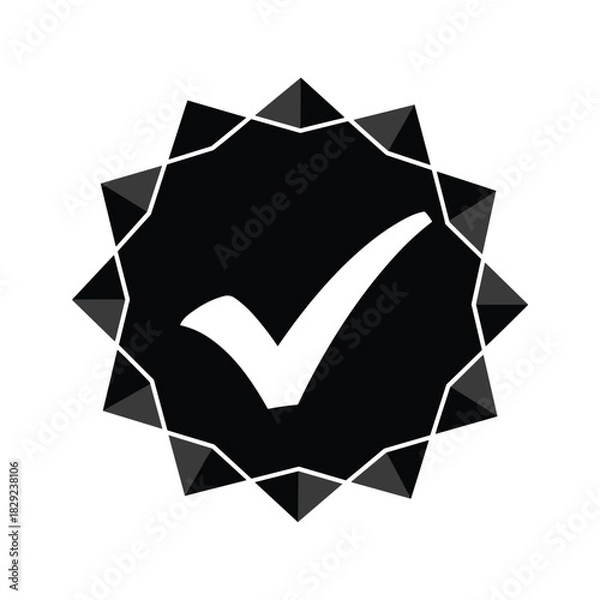 Obraz Black and white verified badge icon with checkmark inside a star shape