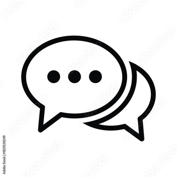 Obraz Black and white outline icon of two overlapping speech bubbles with ellipsis dots inside, isolated on