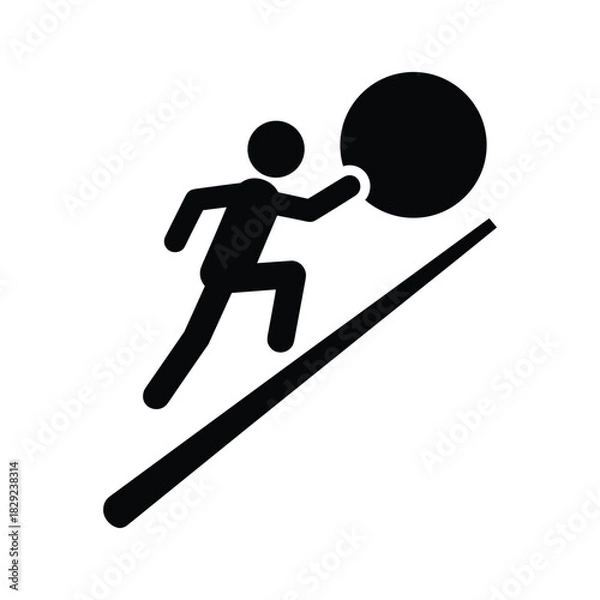 Obraz Stick figure pushing large ball up steep incline isolated on