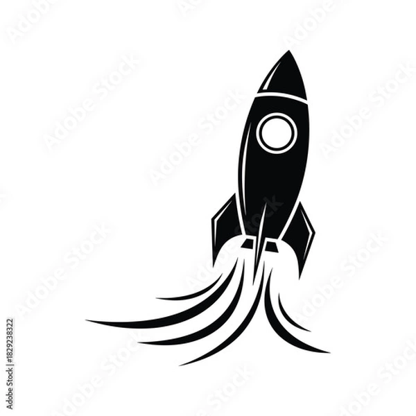 Obraz Black and white graphic illustration of a retro rocket ship taking off isolated on