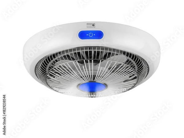 Fototapeta Modern white ceiling fan with blue led light and power button isolated on transparent background