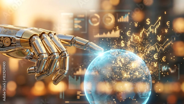 Fototapeta A golden robotic hand touches a glowing digital globe, interacting with financial data, currency symbols, and stock market graphs over a blurred cityscape.