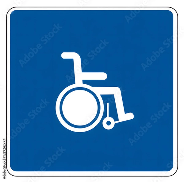 Obraz bright blue square sign with a defined white border, prominently featuring the universal symbol of wheelchair, communicating high accessibility or priority access