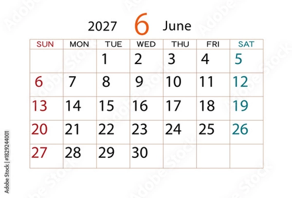 Obraz 2027年カレンダー6月
