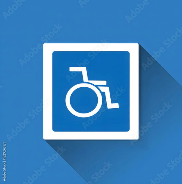 Obraz bright blue square sign with a defined white border, prominently featuring the universal symbol of wheelchair, communicating high accessibility or priority access