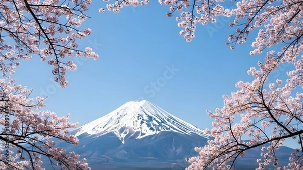 Fototapeta Majestic Mount Fuji framed by delicate pink cherry blossoms under a clear blue sky, capturing the essence of spring in Japan