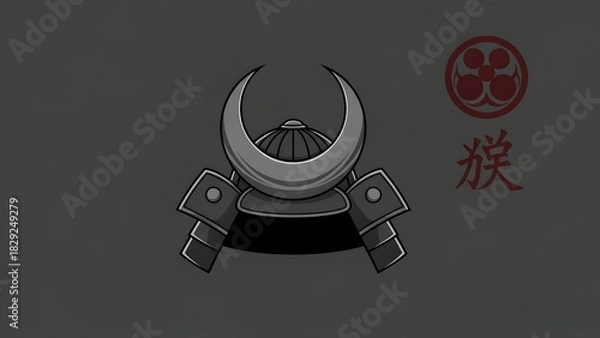 Fototapeta Traditional Japanese Samurai Helmet with Cultural Emblem and Japanese Script