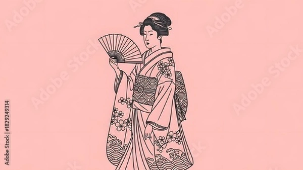 Fototapeta Graceful illustration of a traditional Japanese woman in a beautiful kimono, delicately holding an ornate fan against a soft background