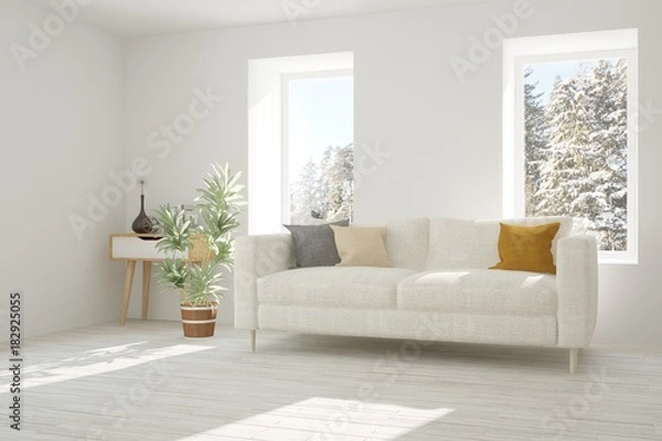 Fototapeta Idea of white minimalist room with sofa. Scandinavian interior design. 3D illustration