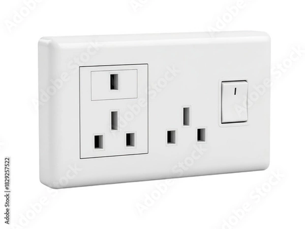 Fototapeta White uk electrical socket with switch on isolated background isolated on transparent background