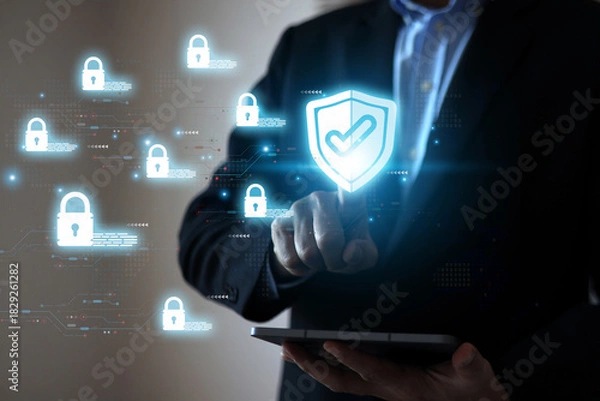 Fototapeta Human hand with cyber security data protection icons for online computer network and personal privacy user access key protect and hacker cybercrime prevent or safety storage cloud file.