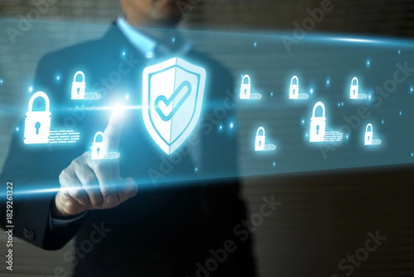 Fototapeta Human hand with cyber security data protection icons for online computer network and personal privacy user access key protect and hacker cybercrime prevent or safety storage cloud file.