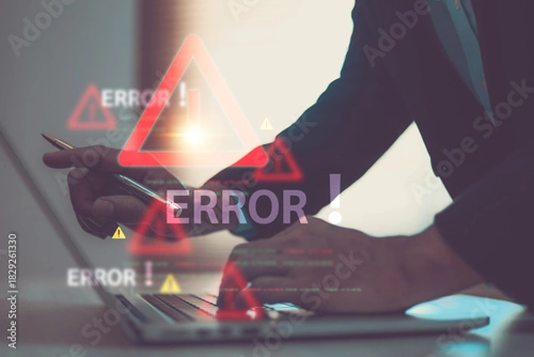 Fototapeta Human hand with warning caution 404 page not found error system or problem computer network firewall protection for cyber threat attack security risk alert hacker or cybercrime safety prevent.