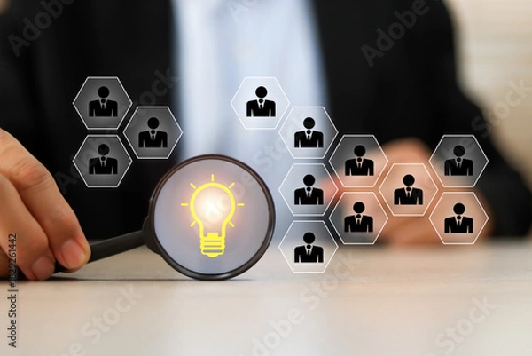 Fototapeta Businessman's hand chooses person HR human resources icons for leader or group teamwork people officer or business planning relationship or team player and personnel management job performance.