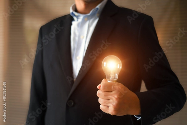 Fototapeta Businessman's hand is choosing light bulb for business creativity plan to goal or creative idea innovation or analyzing marketing data management and target growth or human resources.