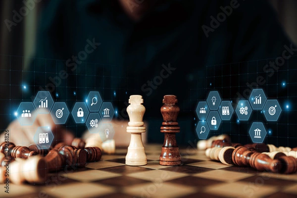 Fototapeta King chess on falling with business strategy plan icons for leadership or wining challenge and team player and risk management or human resource or strategic planning.