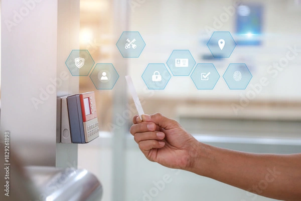 Fototapeta Hand scanning proximity ID card on reader access control system to security door unlock with identity or verification identify icons for safety detect fingerprint scan or check attendance.