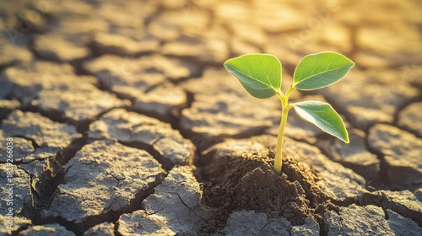 Fototapeta A resilient seedling growing from cracked earth, representing personal growth and transformation.