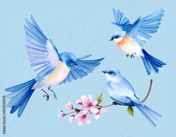 Obraz cute abstract blue birds and blossom spring branches, delicate watercolor illustration elements